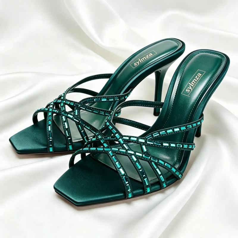 Luxury Lifestyle Store - Unique Peacock Blue Crystal Detail Heeled